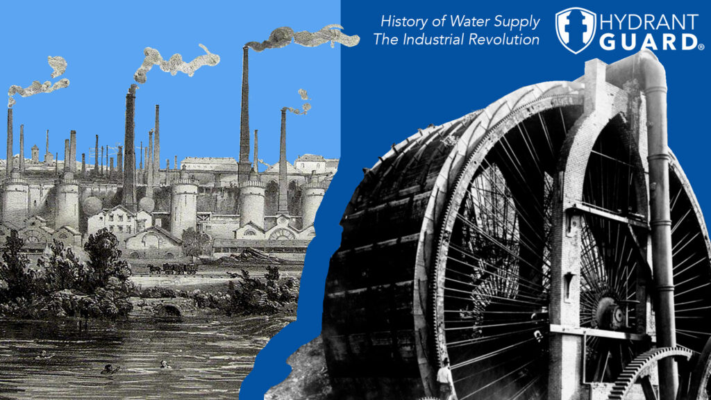 Water use in the industrial revolution: factory near a river and a steam turbine