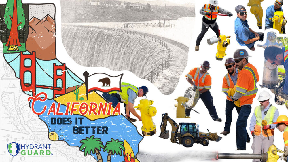 California water workers working on hydrants and pipes with sepia outlines of california in the background