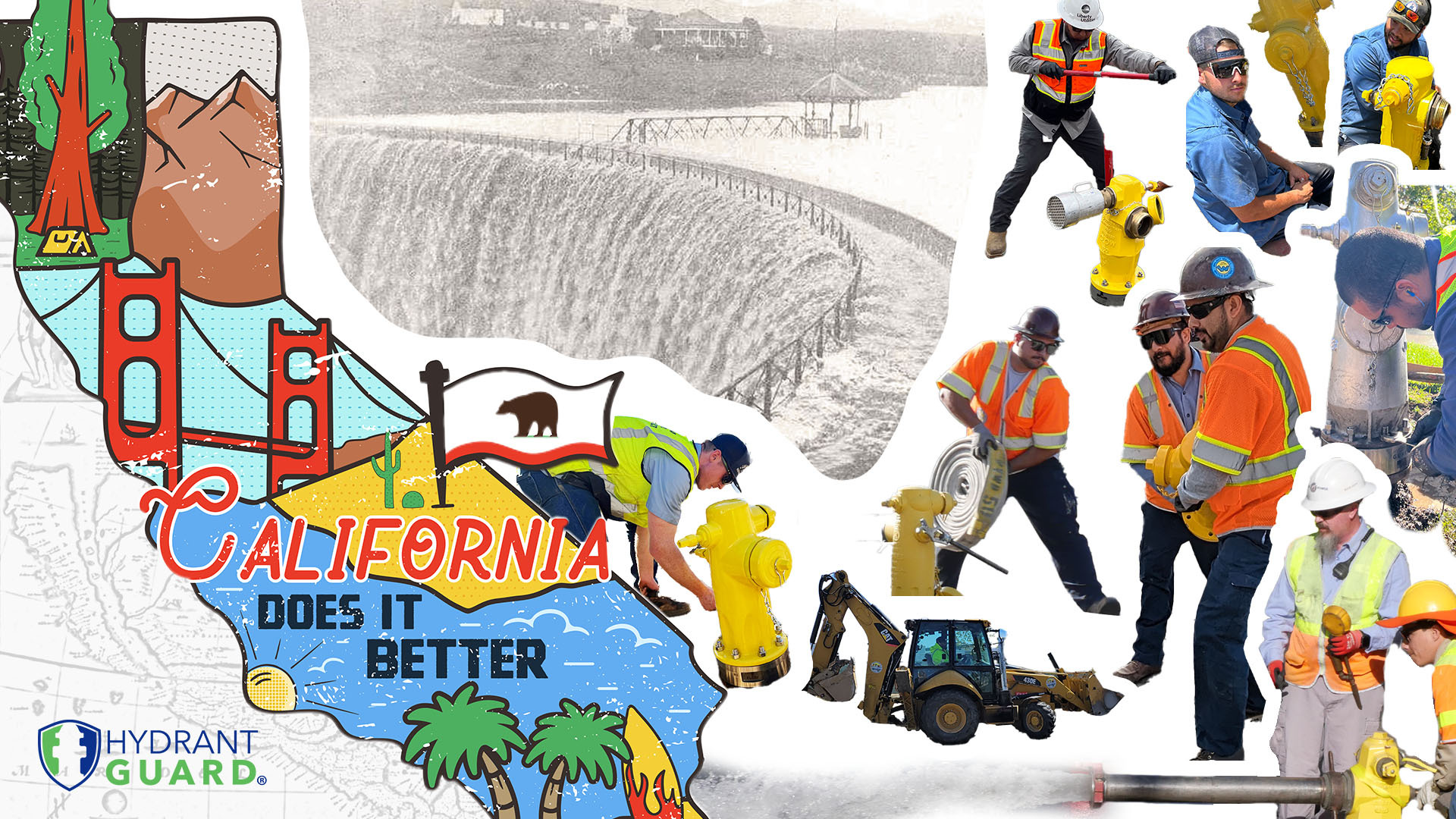 California water workers working on hydrants and pipes with sepia outlines of california in the background